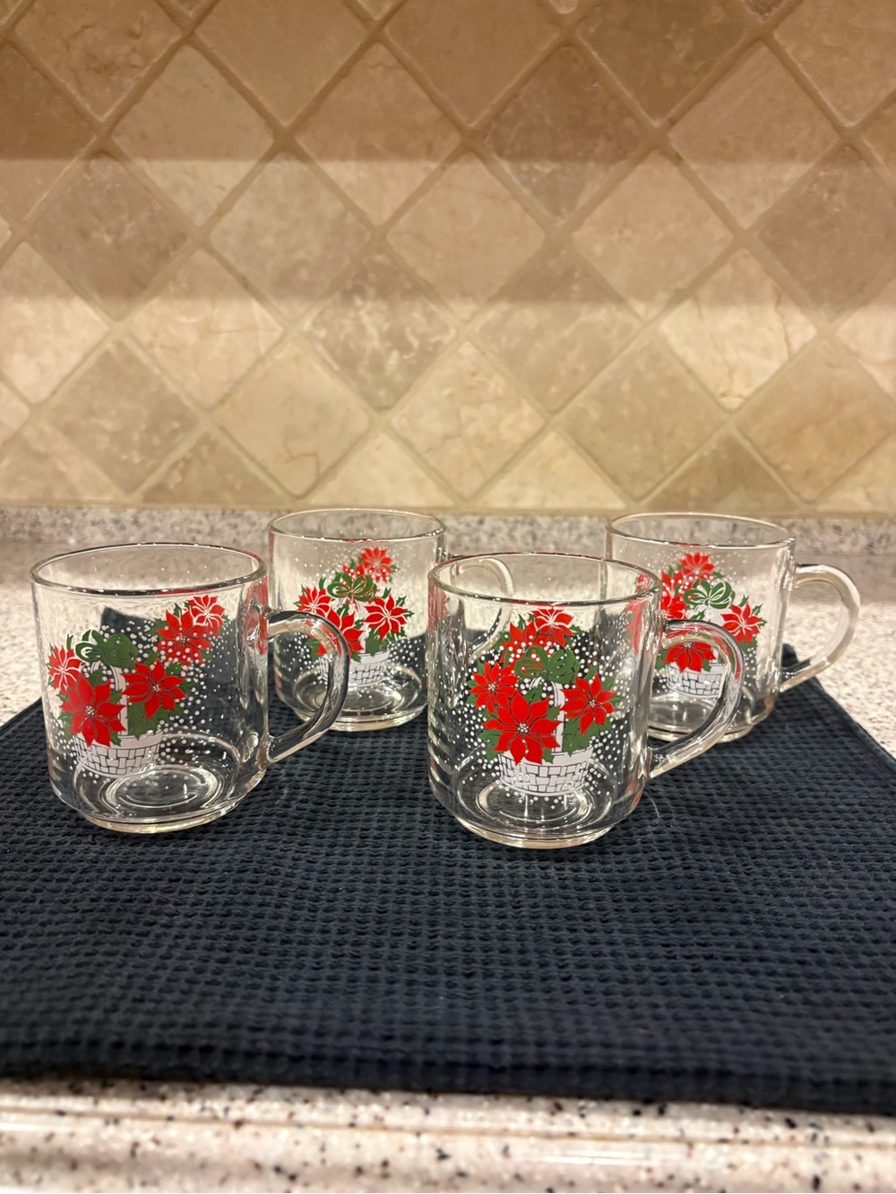 LUMINARC Clear Glass Coffee Cup Mug Poinsettia Basket Holiday Christmas set of 4